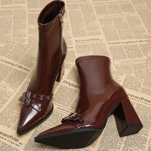 Burgundy Casual Women's Pointed Toe Short Heeled Boots - Picture 1 of 5